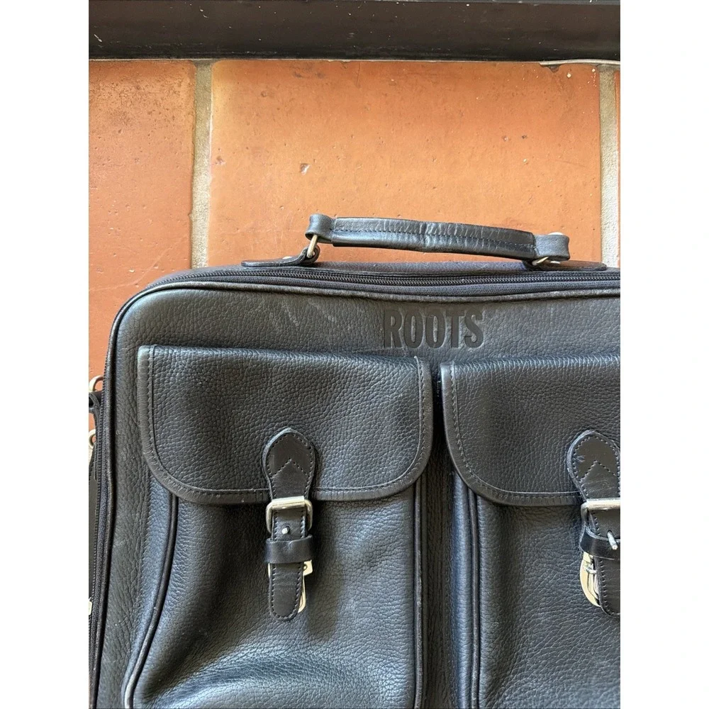 ROOTS Vintage Black Leather Canada Messenger Briefcase Sling Silver Buckles